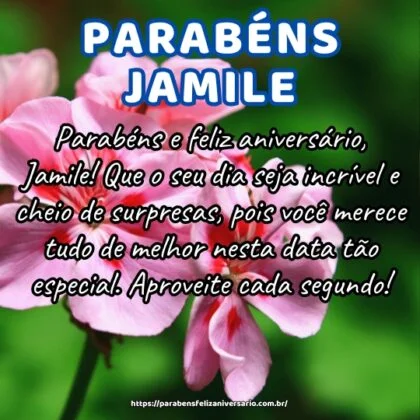 Parabéns e feliz aniversário, Jamile! Que o seu dia seja incrível e cheio de surpresas, pois você merece tudo de melhor nesta data tão especial. Aproveite cada segundo! Parabéns e feliz aniversário, Jamile! Que o seu dia seja incrível e cheio de surpresas, pois você merece tudo de melhor nesta data tão especial. Aproveite cada segundo!