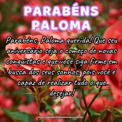 Parabéns, Paloma querida! Que seu aniversário seja o começo de novas conquistas e que você siga firme em busca dos seus sonhos, pois você é capaz de realizar tudo o que desejar!