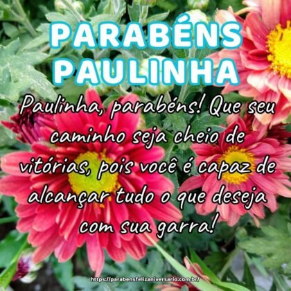 Paulinha, parabéns! Que seu caminho seja cheio de vitórias, pois você é capaz de alcançar tudo o que deseja com sua garra! Paulinha, parabéns! Que seu caminho seja cheio de vitórias, pois você é capaz de alcançar tudo o que deseja com sua garra!