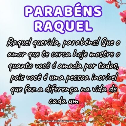 Raquel querida, parabéns! Que o amor que te cerca hoje mostre o quanto você é amada por todos, pois você é uma pessoa incrível que faz a diferença na vida de cada um. Raquel querida, parabéns! Que o amor que te cerca hoje mostre o quanto você é amada por todos, pois você é uma pessoa incrível que faz a diferença na vida de cada um.