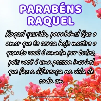 Raquel querida, parabéns! Que o amor que te cerca hoje mostre o quanto você é amada por todos, pois você é uma pessoa incrível que faz a diferença na vida de cada um. Raquel querida, parabéns! Que o amor que te cerca hoje mostre o quanto você é amada por todos, pois você é uma pessoa incrível que faz a diferença na vida de cada um.