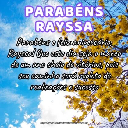 Parabéns e feliz aniversário, Rayssa! Que este dia seja o marco de um ano cheio de vitórias, pois seu caminho será repleto de realizações e sucesso. Parabéns e feliz aniversário, Rayssa! Que este dia seja o marco de um ano cheio de vitórias, pois seu caminho será repleto de realizações e sucesso.
