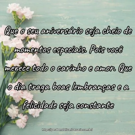 Que o seu aniversário seja cheio de momentos especiais. Pois você merece todo o carinho e amor. Que o dia traga boas lembranças e a felicidade seja constante.