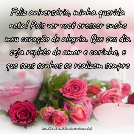 Feliz aniversário, minha querida neta! Pois ver você crescer enche meu coração de alegria. Que seu dia seja repleto de amor e carinho, e que seus sonhos se realizem sempre.
