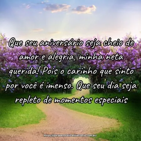 Que seu aniversário seja cheio de amor e alegria, minha neta querida! Pois o carinho que sinto por você é imenso. Que seu dia seja repleto de momentos especiais.