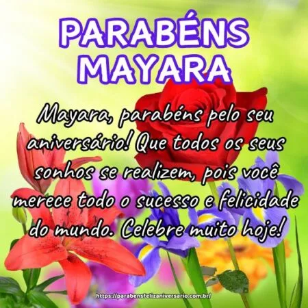 Mayara, parabéns pelo seu aniversário! Que todos os seus sonhos se realizem, pois você merece todo o sucesso e felicidade do mundo. Celebre muito hoje! Mayara, parabéns pelo seu aniversário! Que todos os seus sonhos se realizem, pois você merece todo o sucesso e felicidade do mundo. Celebre muito hoje!