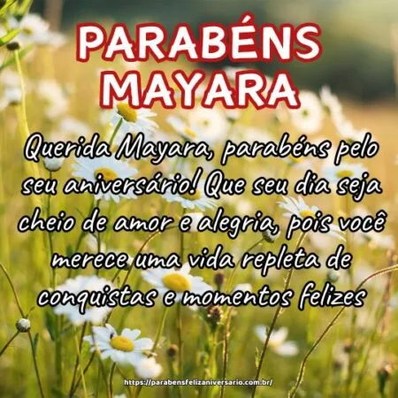 Querida Mayara, parabéns pelo seu aniversário! Que seu dia seja cheio de amor e alegria, pois você merece uma vida repleta de conquistas e momentos felizes. Querida Mayara, parabéns pelo seu aniversário! Que seu dia seja cheio de amor e alegria, pois você merece uma vida repleta de conquistas e momentos felizes.