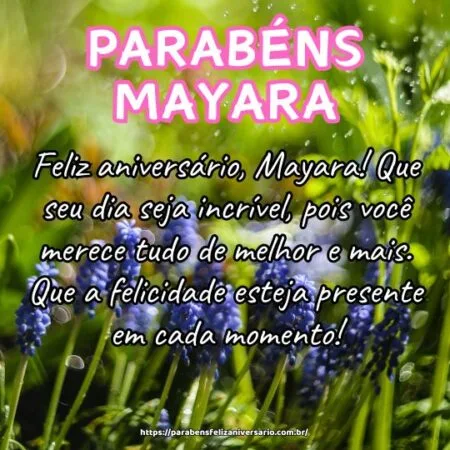 Feliz aniversário, Mayara! Que seu dia seja incrível, pois você merece tudo de melhor e mais. Que a felicidade esteja presente em cada momento! Feliz aniversário, Mayara! Que seu dia seja incrível, pois você merece tudo de melhor e mais. Que a felicidade esteja presente em cada momento!