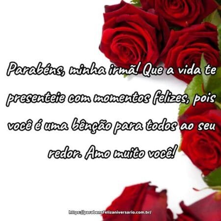 Parabéns, minha irmã! Que a vida te presenteie com momentos felizes, pois você é uma bênção para todos ao seu redor. Amo muito você! Parabéns, minha irmã! Que a vida te presenteie com momentos felizes, pois você é uma bênção para todos ao seu redor. Amo muito você!