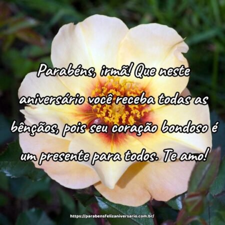 Parabéns, irmã! Que neste aniversário você receba todas as bênçãos, pois seu coração bondoso é um presente para todos. Te amo! Parabéns, irmã! Que neste aniversário você receba todas as bênçãos, pois seu coração bondoso é um presente para todos. Te amo!