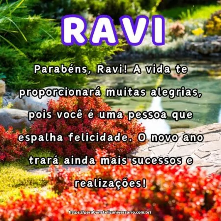 Parabéns, Ravi! A vida te proporcionará muitas alegrias, pois você é uma pessoa que espalha felicidade. O novo ano trará ainda mais sucessos e realizações!