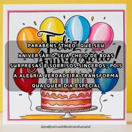 Parabéns, Theo! Que seu aniversário seja cheio de boas surpresas e sorrisos sinceros, pois a alegria verdadeira transforma qualquer dia especial. Parabéns, Theo! Que seu aniversário seja cheio de boas surpresas e sorrisos sinceros, pois a alegria verdadeira transforma qualquer dia especial.