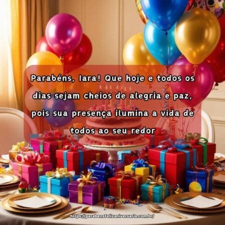 Parabéns, Iara! Que hoje e todos os dias sejam cheios de alegria e paz, pois sua presença ilumina a vida de todos ao seu redor. Parabéns, Iara! Que hoje e todos os dias sejam cheios de alegria e paz, pois sua presença ilumina a vida de todos ao seu redor.