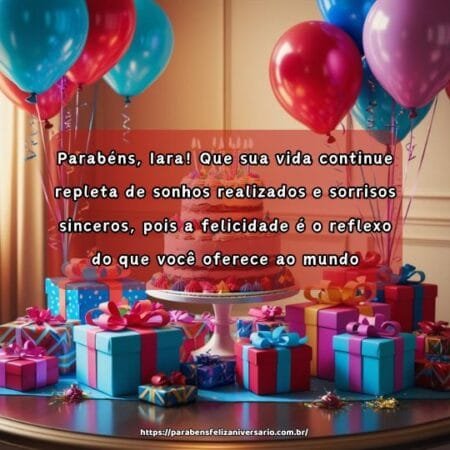 Parabéns, Iara! Que sua vida continue repleta de sonhos realizados e sorrisos sinceros, pois a felicidade é o reflexo do que você oferece ao mundo. Parabéns, Iara! Que sua vida continue repleta de sonhos realizados e sorrisos sinceros, pois a felicidade é o reflexo do que você oferece ao mundo.
