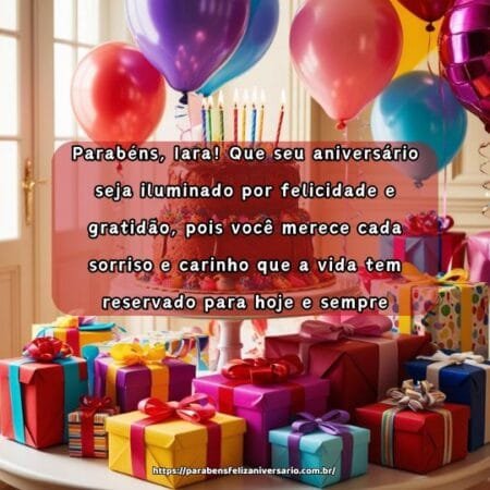 Parabéns, Iara! Que seu aniversário seja iluminado por felicidade e gratidão, pois você merece cada sorriso e carinho que a vida tem reservado para hoje e sempre. Parabéns, Iara! Que seu aniversário seja iluminado por felicidade e gratidão, pois você merece cada sorriso e carinho que a vida tem reservado para hoje e sempre.