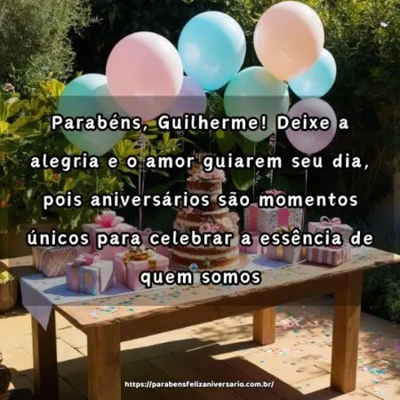 Parabéns, Guilherme! Deixe a alegria e o amor guiarem seu dia, pois aniversários são momentos únicos para celebrar a essência de quem somos. Parabéns, Guilherme! Deixe a alegria e o amor guiarem seu dia, pois aniversários são momentos únicos para celebrar a essência de quem somos.