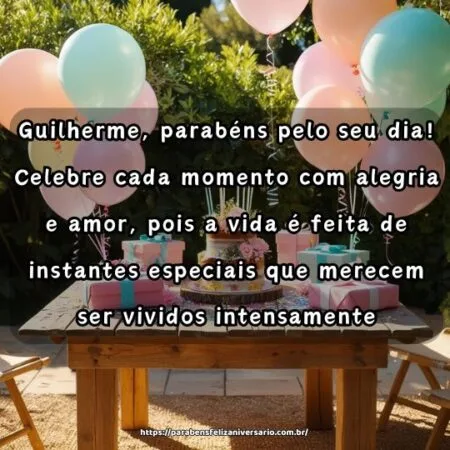 Guilherme, parabéns pelo seu dia! Celebre cada momento com alegria e amor, pois a vida é feita de instantes especiais que merecem ser vividos intensamente. Guilherme, parabéns pelo seu dia! Celebre cada momento com alegria e amor, pois a vida é feita de instantes especiais que merecem ser vividos intensamente.
