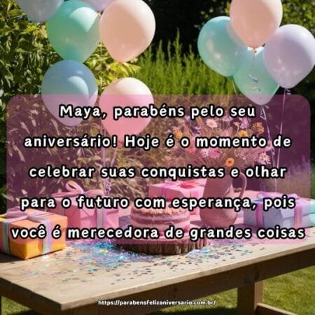 Maya, parabéns pelo seu aniversário! Hoje é o momento de celebrar suas conquistas e olhar para o futuro com esperança, pois você é merecedora de grandes coisas. Maya, parabéns pelo seu aniversário! Hoje é o momento de celebrar suas conquistas e olhar para o futuro com esperança, pois você é merecedora de grandes coisas.