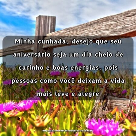 Minha cunhada, desejo que seu aniversário seja um dia cheio de carinho e boas energias, pois pessoas como você deixam a vida mais leve e alegre. Minha cunhada, desejo que seu aniversário seja um dia cheio de carinho e boas energias, pois pessoas como você deixam a vida mais leve e alegre.