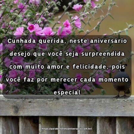 Cunhada querida, neste aniversário desejo que você seja surpreendida com muito amor e felicidade, pois você faz por merecer cada momento especial. Cunhada querida, neste aniversário desejo que você seja surpreendida com muito amor e felicidade, pois você faz por merecer cada momento especial.