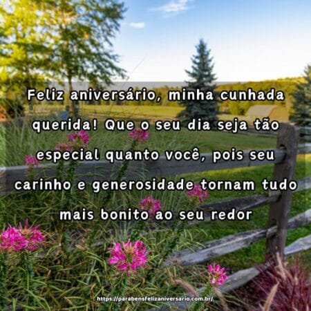 Feliz aniversário, minha cunhada querida! Que o seu dia seja tão especial quanto você, pois seu carinho e generosidade tornam tudo mais bonito ao seu redor. Feliz aniversário, minha cunhada querida! Que o seu dia seja tão especial quanto você, pois seu carinho e generosidade tornam tudo mais bonito ao seu redor.
