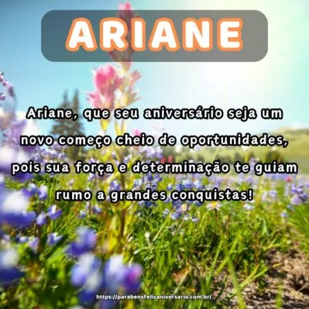 Ariane, que seu aniversário seja um novo começo cheio de oportunidades, pois sua força e determinação te guiam rumo a grandes conquistas! Ariane, que seu aniversário seja um novo começo cheio de oportunidades, pois sua força e determinação te guiam rumo a grandes conquistas!