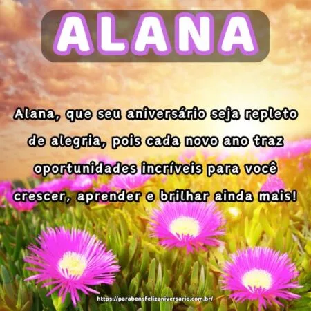 Alana, que seu aniversário seja repleto de alegria, pois cada novo ano traz oportunidades incríveis para você crescer, aprender e brilhar ainda mais!