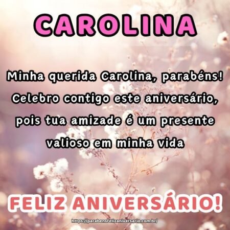 Minha querida Carolina, parabéns! Celebro contigo este aniversário, pois tua amizade é um presente valioso em minha vida. Minha querida Carolina, parabéns! Celebro contigo este aniversário, pois tua amizade é um presente valioso em minha vida.