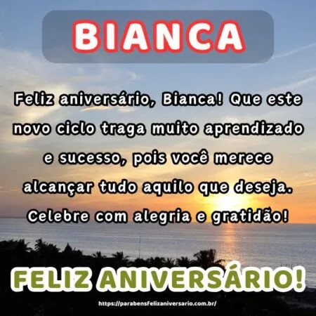 Feliz aniversário, Bianca! Que este novo ciclo traga muito aprendizado e sucesso, pois você merece alcançar tudo aquilo que deseja. Celebre com alegria e gratidão!