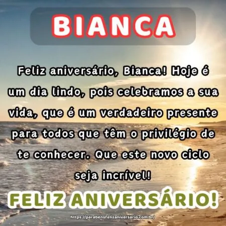 Feliz aniversário, Bianca! Hoje é um dia lindo, pois celebramos a sua vida, que é um verdadeiro presente para todos que têm o privilégio de te conhecer. Que este novo ciclo seja incrível!