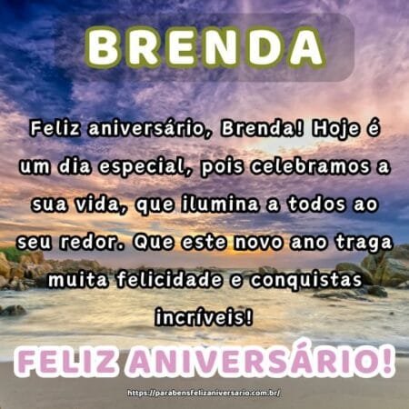 Feliz aniversário, Brenda! Hoje é um dia especial, pois celebramos a sua vida, que ilumina a todos ao seu redor. Que este novo ano traga muita felicidade e conquistas incríveis! Feliz aniversário, Brenda! Hoje é um dia especial, pois celebramos a sua vida, que ilumina a todos ao seu redor. Que este novo ano traga muita felicidade e conquistas incríveis!
