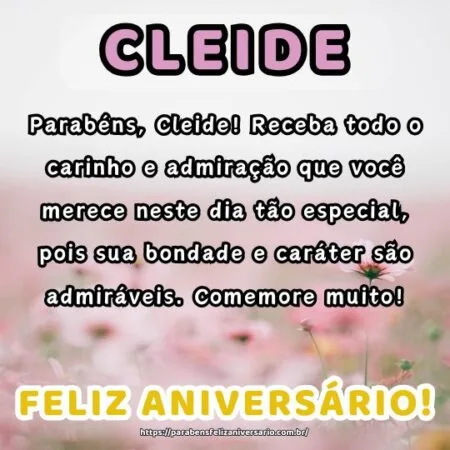 Parabéns, Cleide! Receba todo o carinho e admiração que você merece neste dia tão especial, pois sua bondade e caráter são admiráveis. Comemore muito!