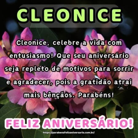 Cleonice, celebre a vida com entusiasmo! Que seu aniversário seja repleto de motivos para sorrir e agradecer, pois a gratidão atrai mais bênçãos. Parabéns! Cleonice, celebre a vida com entusiasmo! Que seu aniversário seja repleto de motivos para sorrir e agradecer, pois a gratidão atrai mais bênçãos. Parabéns!
