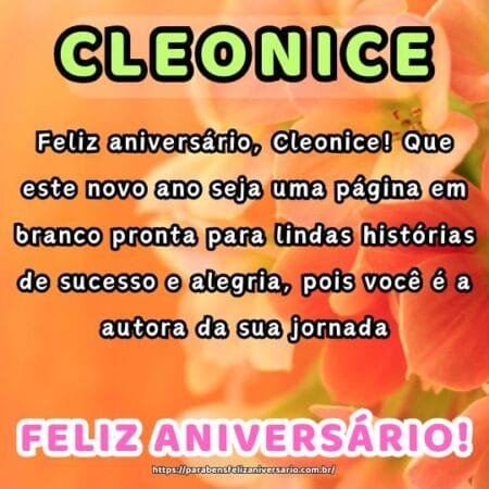 Feliz aniversário, Cleonice! Que este novo ano seja uma página em branco pronta para lindas histórias de sucesso e alegria, pois você é a autora da sua jornada. Feliz aniversário, Cleonice! Que este novo ano seja uma página em branco pronta para lindas histórias de sucesso e alegria, pois você é a autora da sua jornada.