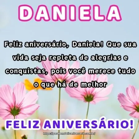 Feliz aniversário, Daniela! Que sua vida seja repleta de alegrias e conquistas, pois você merece tudo o que há de melhor. Feliz aniversário, Daniela! Que sua vida seja repleta de alegrias e conquistas, pois você merece tudo o que há de melhor.