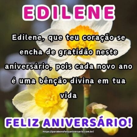 Edilene, que teu coração se encha de gratidão neste aniversário, pois cada novo ano é uma bênção divina em tua vida. Edilene, que teu coração se encha de gratidão neste aniversário, pois cada novo ano é uma bênção divina em tua vida.