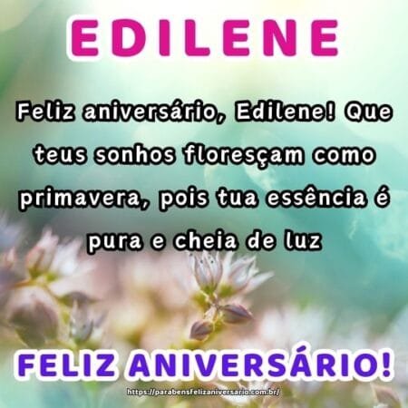 Feliz aniversário, Edilene! Que teus sonhos floresçam como primavera, pois tua essência é pura e cheia de luz. Feliz aniversário, Edilene! Que teus sonhos floresçam como primavera, pois tua essência é pura e cheia de luz.