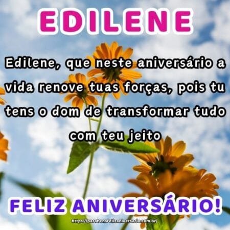 Edilene, que neste aniversário a vida renove tuas forças, pois tu tens o dom de transformar tudo com teu jeito. Edilene, que neste aniversário a vida renove tuas forças, pois tu tens o dom de transformar tudo com teu jeito.