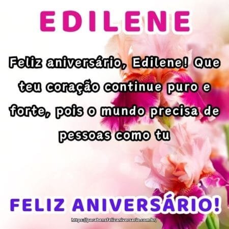 Feliz aniversário, Edilene! Que teu coração continue puro e forte, pois o mundo precisa de pessoas como tu. Feliz aniversário, Edilene! Que teu coração continue puro e forte, pois o mundo precisa de pessoas como tu.