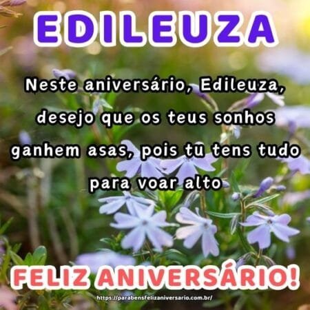 Neste aniversário, Edileuza, desejo que os teus sonhos ganhem asas, pois tu tens tudo para voar alto. Neste aniversário, Edileuza, desejo que os teus sonhos ganhem asas, pois tu tens tudo para voar alto.