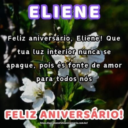 Feliz aniversário, Eliene! Que tua luz interior nunca se apague, pois és fonte de amor para todos nós. Feliz aniversário, Eliene! Que tua luz interior nunca se apague, pois és fonte de amor para todos nós.