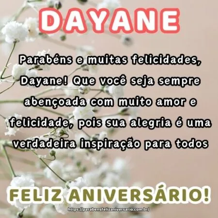 Parabéns e muitas felicidades, Dayane! Que você seja sempre abençoada com muito amor e felicidade, pois sua alegria é uma verdadeira inspiração para todos. Parabéns e muitas felicidades, Dayane! Que você seja sempre abençoada com muito amor e felicidade, pois sua alegria é uma verdadeira inspiração para todos.