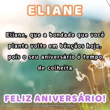 Eliane, que a bondade que você planta volte em bênçãos hoje, pois o seu aniversário é tempo de colheita. Eliane, que a bondade que você planta volte em bênçãos hoje, pois o seu aniversário é tempo de colheita.