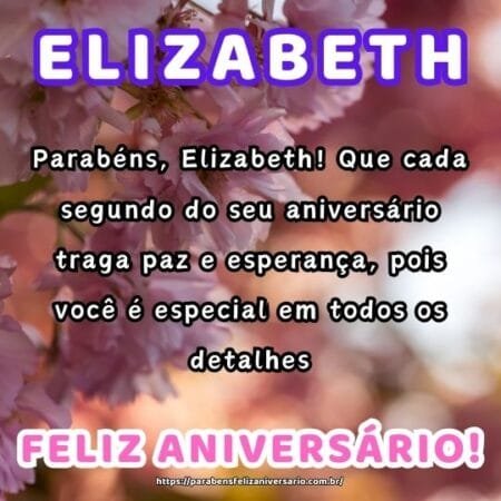 Parabéns, Elizabeth! Que cada segundo do seu aniversário traga paz e esperança, pois você é especial em todos os detalhes. Parabéns, Elizabeth! Que cada segundo do seu aniversário traga paz e esperança, pois você é especial em todos os detalhes.