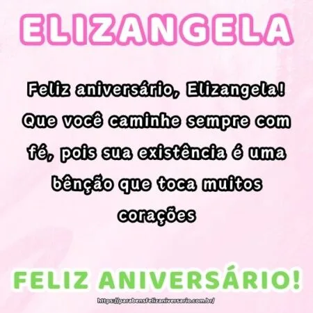 Feliz aniversário, Elizangela! Que você caminhe sempre com fé, pois sua existência é uma bênção que toca muitos corações. Feliz aniversário, Elizangela! Que você caminhe sempre com fé, pois sua existência é uma bênção que toca muitos corações.