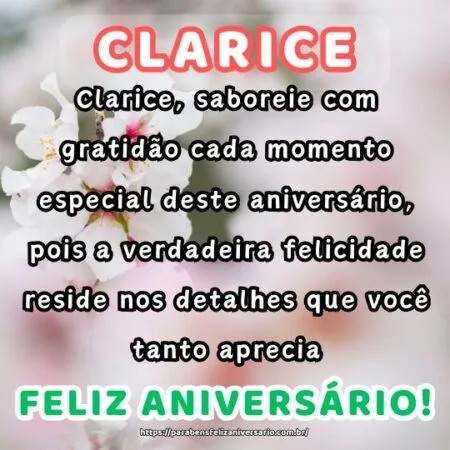 Clarice, saboreie com gratidão cada momento especial deste aniversário, pois a verdadeira felicidade reside nos detalhes que você tanto aprecia. Clarice, saboreie com gratidão cada momento especial deste aniversário, pois a verdadeira felicidade reside nos detalhes que você tanto aprecia.