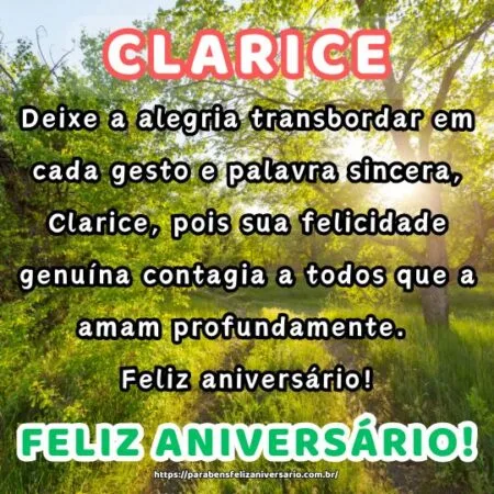 Deixe a alegria transbordar em cada gesto e palavra sincera, Clarice, pois sua felicidade genuína contagia a todos que a amam profundamente. Feliz aniversário! Deixe a alegria transbordar em cada gesto e palavra sincera, Clarice, pois sua felicidade genuína contagia a todos que a amam profundamente. Feliz aniversário!