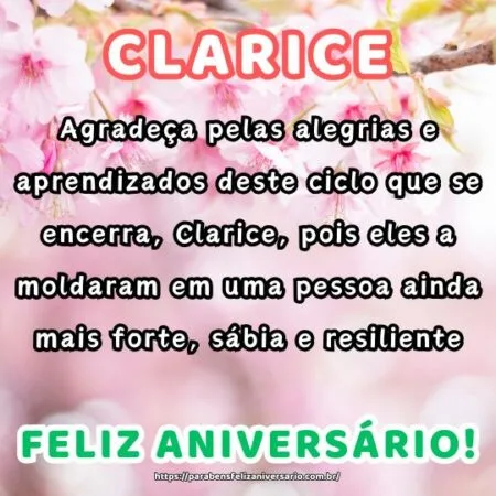 Agradeça pelas alegrias e aprendizados deste ciclo que se encerra, Clarice, pois eles a moldaram em uma pessoa ainda mais forte, sábia e resiliente. Agradeça pelas alegrias e aprendizados deste ciclo que se encerra, Clarice, pois eles a moldaram em uma pessoa ainda mais forte, sábia e resiliente.