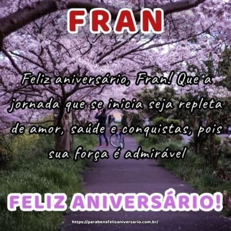 Feliz aniversário, Fran! Que a jornada que se inicia seja repleta de amor, saúde e conquistas, pois sua força é admirável. Feliz aniversário, Fran! Que a jornada que se inicia seja repleta de amor, saúde e conquistas, pois sua força é admirável.