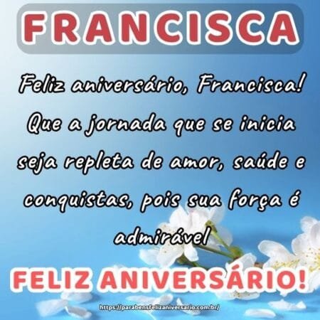 Feliz aniversário, Francisca! Que a jornada que se inicia seja repleta de amor, saúde e conquistas, pois sua força é admirável. Feliz aniversário, Francisca! Que a jornada que se inicia seja repleta de amor, saúde e conquistas, pois sua força é admirável.